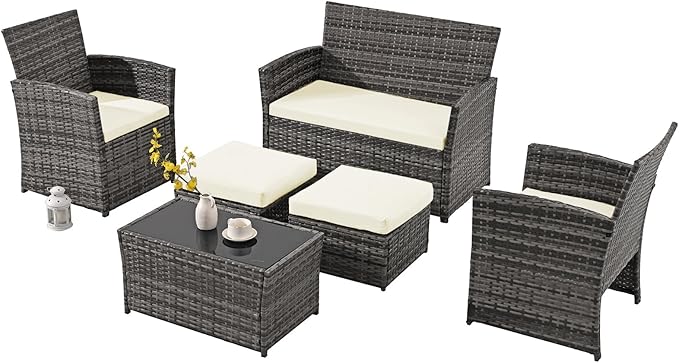 6 Piece Patio Furniture Set, Outdoor Wicker Conversation Set, Rattan Sectional Sofa Couch with Glass Coffee Table & Ottomans for Backyard, Porch, Garden, Poolside, Grey/Beige