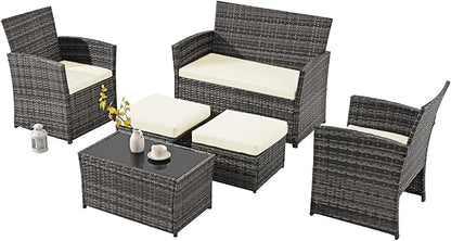 6 Piece Patio Furniture Set, Outdoor Wicker Conversation Set, Rattan Sectional Sofa Couch with Glass Coffee Table & Ottomans for Backyard, Porch, Garden, Poolside, Grey/Beige
