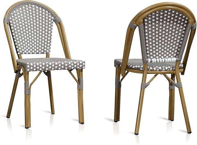 PURPLE LEAF Bistro Chair (Set of 2) French Hand-Woven Wicker Chairs for Outdoor Patio Porch Garden Indoor, Bamboo Print Finish, Grey, Dining Chairs