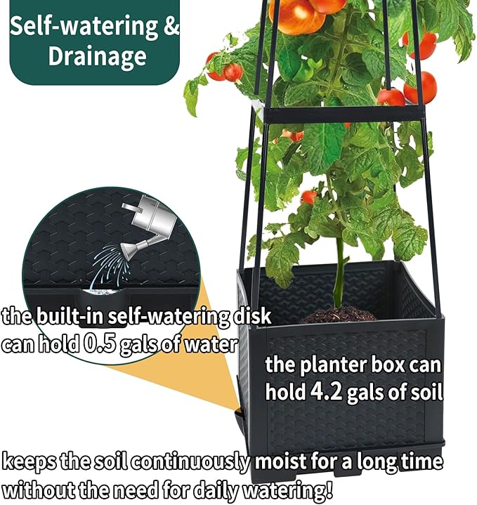 Tomato Planter with Trellis, 43" Self-Watering, Portable Planter Box for Climbing Plants, Outdoor Raised Garden Bed for Tomato, Potato, Vegetables, Chili