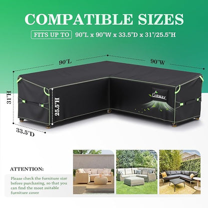 UIRWAY V-Shape Outdoor Sectional Sofa Cover Waterproof with Air Vent, 90" L/90" L x 33.5" D x 31" H, Heavy Duty Patio Furniture Covers, Outdoor Couch Cover with Reflective Strips