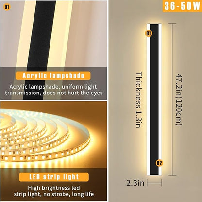 Mikeru Modern Wall Light, 3000k-6000k Dimmable Sconce, 47inch Black Exterior Light With Remote Control, IP65 Waterproof Anti-Rust Linear Long Porch Light Outdoor