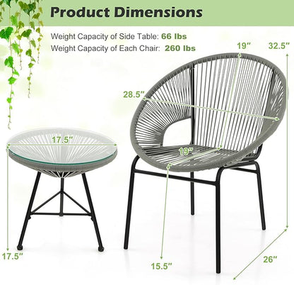 COSTWAY 3-Piece Outdoor Acapulco Chair Set, Wicker Conversation Bistro Sets with Plastic Rope, Glass Top Table, Patio Rattan Furniture Set for Garden, Balcony, Lawn, Backyard, Apartment, Grey