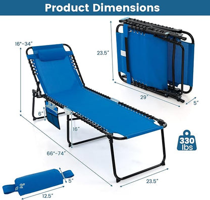 Goplus Chaise Lounge Chair, Outdoor Folding 5-Postion Beach Lounge Chair with Detachable Pillow, Side Pocket, Adjustable Tanning Chair for Patio Lawn Pool Yard