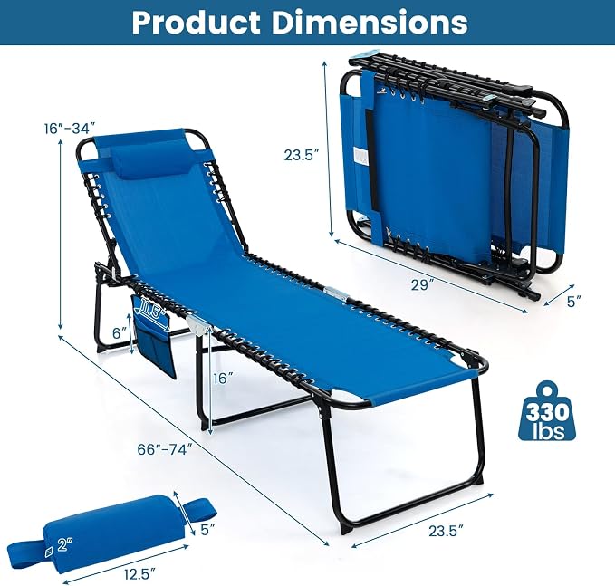 Goplus Chaise Lounge Chair, Outdoor Folding 5-Postion Beach Lounge Chair with Detachable Pillow, Side Pocket, Adjustable Tanning Chair for Patio Lawn Pool Yard