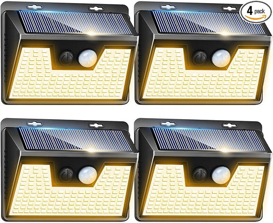 Peasur Solar Lights Outdoor Waterproof, 4Pack 140LED Solar Motion Sensor Wall Lights, 3 Modes Solar Powered Fence Security Lights for Patio Step Deck House Outside(Warm White)