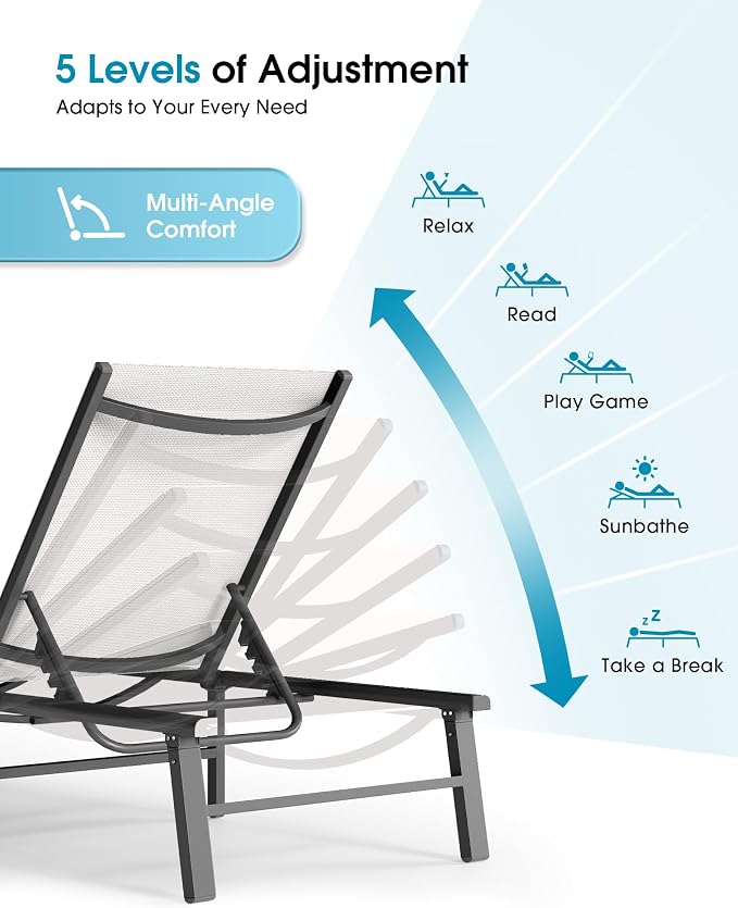 Ciokea Foldable Outdoor Lounge Chair Set of 4, No Assembly Aluminum Chaise Lounge Outdoor with 5-Positions, Aluminum Pool Lounge Chairs with Portable Design for Poolside, Beach, Deck, Patio, White