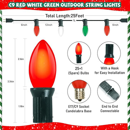 C9 Red Green White Christmas Lights, 25FT Multicolor Christmas Decorations String Lights with 26 Ceramics Bulbs, Connectable Vintage Xmas Tree Decor for Indoor Home Outdoor Patio Holiday Party Garden