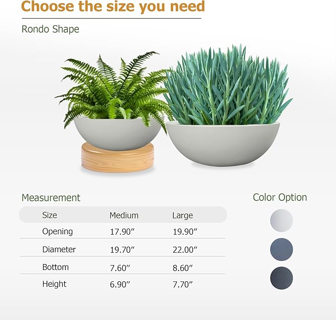 6.9" H x 19.7" D Round Bowl Fiberstone Planter for Succulent and Lotus with Drainage Hole, Smooth Finishes, Weather Resistant, Included 2 Extra Coco Mats (Light Gray, 17.9" Pot Opening)