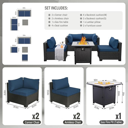 WAROOM Outdoor Patio PE Wicker 5 Piece Furniture Set, Black Rattan Sectional Conversation Sofa Chair with Square Propane Fire Pit Table, Navy Blue Cushion