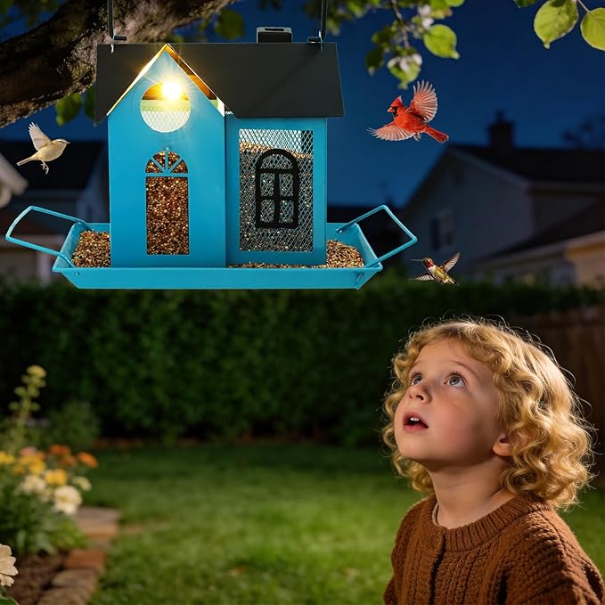 Solar Bird Feeder for Outdoors - Blue Metal Hanging Bird Feeder with Solar Light, Decorative for Wild Cardinals, Finches, Weatherproof Backyard Garden Decor Ideal Gift for Women Mom Grandma