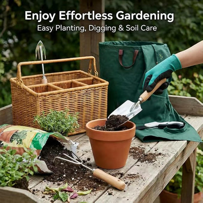 All-in-One Garden Tool Set with Basket, Stainless Steel Garden Tools with Wooden Handles, Garden Apron/Garden Waste Bags/Gardening Gloves Gardening Gift Set