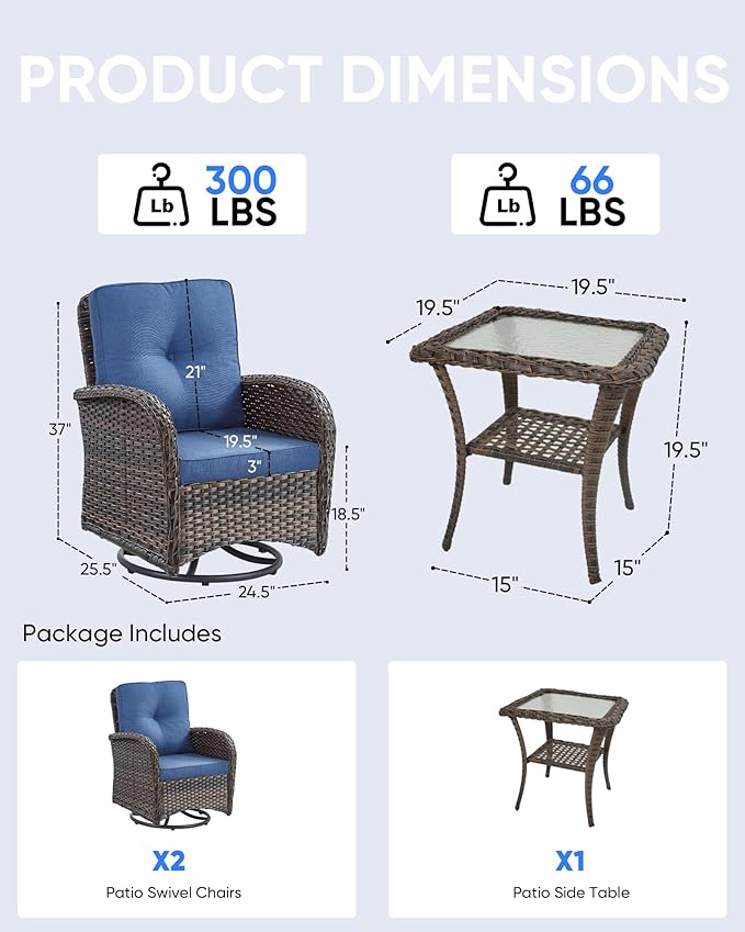 3 Pieces Patio Bistro Set Outdoor Swivel Rocker Patio Chairs with Side Table Patio Furniture for Deck Porch Garden Balcony Poolside