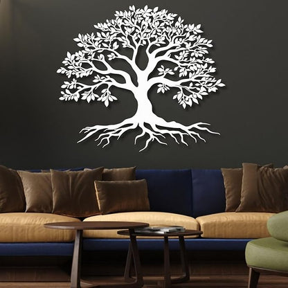 VTHTA Large Tree of Life Metal Wall Art,Tree Wall Sign for Living Room Bedroom Indoor Outdoor Garden Home Decoration (White, 24" Wx20 H/60x52cm, Metal Wall Art)