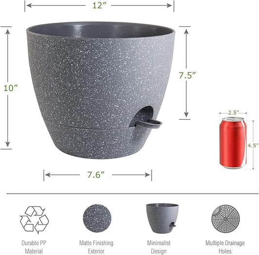 UOUZ 12inch 2Pack Large Self Watering Planters, Plastic Plant Pots with 60oZ Removable Deep Reservoir and Multi Mesh Drainage Holes for Indoor Outdoor Garden Plants and Flowers, Grey Speckles