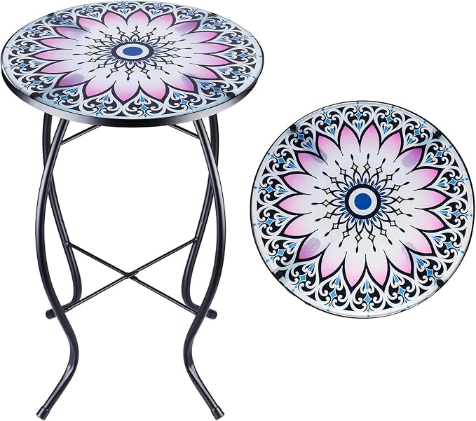 VCUTEKA Outdoor Side Table Mosaic End Table Patio Side Table Small End Tables Glass Top Round Balcony Coffee Porch Indoor Glass Top Flower 14''