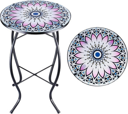 VCUTEKA Outdoor Side Table Mosaic End Table Patio Side Table Small End Tables Glass Top Round Balcony Coffee Porch Indoor Glass Top Flower 14''