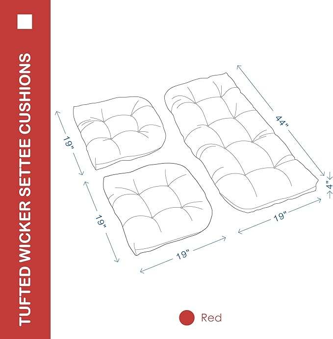 Outdoor/Indoor All Weather Tufted Wicker Chair Cushions of 3 Pieces, 1 Loveseat and 2 U-Shape Waterproof Cushions for Patio Furniture,Wicker Loveseat,Bench-Red