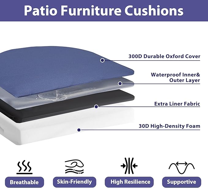 Outdoor Chair Cushions Set of 4, Waterproof Outdoor Seat Cushions for Patio Furniture, Patio Chair Cushion with Handle and Ties, Round Out Door Chair Pads,18.5" x 16" x 3", Navy Blue