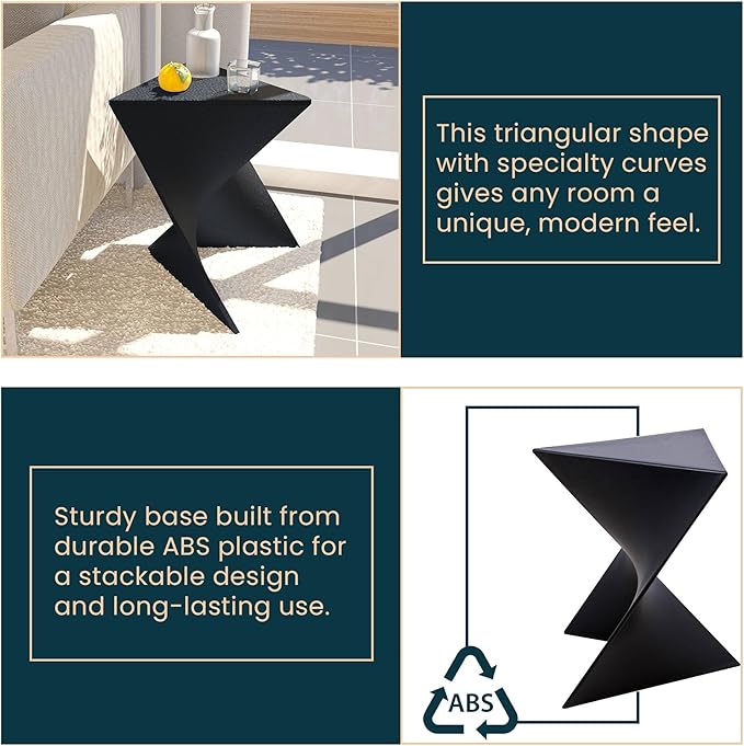 LeisureMod 15.75" Stackable Weather-Resistant Plastic Triangular Side Table - Accent End Table for Indoor & Outdoor Use (Black, Single)