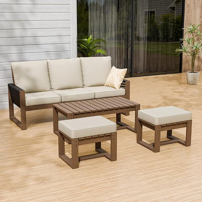 Rustic Hideaway Natural Cedar Wood Outdoor Furniture Set, Wicker Patio Conversation Set for Porch Garden Backyard, Couch, Coffee Table and 2 Ottomans, 4 Piece, Brownish/Beige