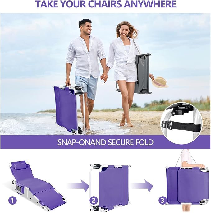 Tanning Chair with Face Hole, Adjustable Folding Chaise Lounge Chairs for Outside with Detachable Pillow & Pocket，Portable flat beach chairs for sunbathing, beach lawns camping (Purple, Standard)