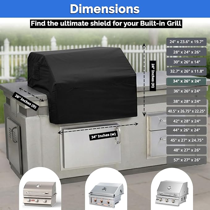 Covers & All Built-in Grill Cover for Outdoor Grill – Heavy Duty 12 oz Waterproof Built-in BBQ Grill Cover, PVC-Coated Polyester with Elastic Hem for Snug Fit (34 x 26 x 24 inches, Black)