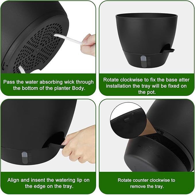 QRRICA 12/10/9 Inch Self-Watering Plant Pots with Water Level Indicator, Drainage Holes & Saucers – Large Plastic Planter Set for Indoor & Outdoor Plants (Pure Black)