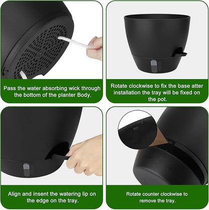 QRRICA 12/10/9 Inch Self-Watering Plant Pots with Water Level Indicator, Drainage Holes & Saucers – Large Plastic Planter Set for Indoor & Outdoor Plants (Pure Black)