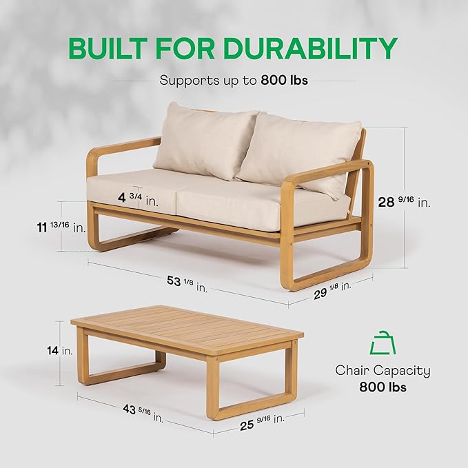 Idzo Ivy Loveseat with Coffee Table – Beige Fabric, 2-Seater Outdoor Sofa Set for Balcony, Patio or Garden – Stylish Love Seat Couches for Small Spaces