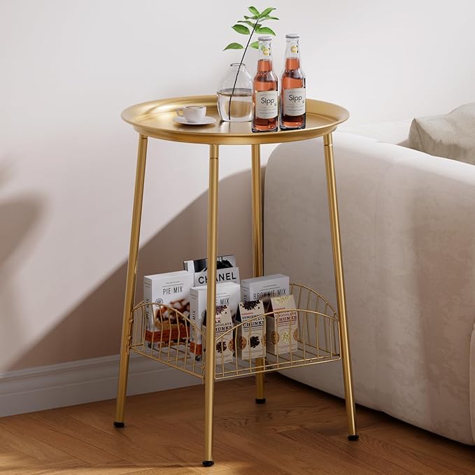 Small Outdoor Side Table, 2-Tier Round Metal Patio Table, Accent Table Waterproof, Weather Resistant End Table for Yard Porch Pool Balcony Garden Bedside (Gold)