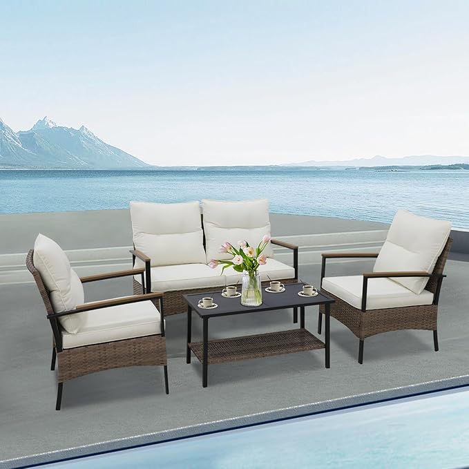 Sunset Escape Wicker Outdoor Furniture, Modern Sofa and Chair Set of 4, Rattan Patio Conversation Set, 2 Patio Chairs, Loveseat and Coffee Table, Gray/Beige