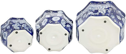 Galt International Dark Blue & White Round Fluted Floral Porcelain Ceramic Plant Flower Planter Pot Set of 3 (7.5", 10", 13") Garden Pots Chinese Asian Design
