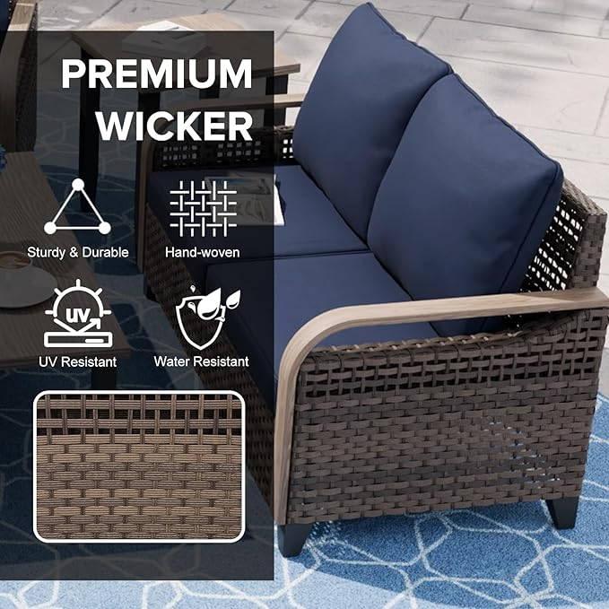 COOS BAY Modern Wicker Outdoor Furniture Set, Patio Conversation Set with Patio Chairs, 3 Seat Couch, and Ottomans, 5 Piece, Brown/Blue