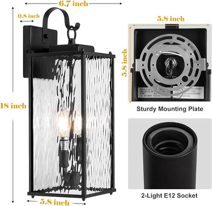18 Inch Large Outdoor Light Fixture with 2-Light Candelabra, 1-Pack Water Ripple Glass Exterior Lighting Fixture IP65 Waterproof Outdoor Wall Lantern Outside Lamp Carriage Porch Light, E12