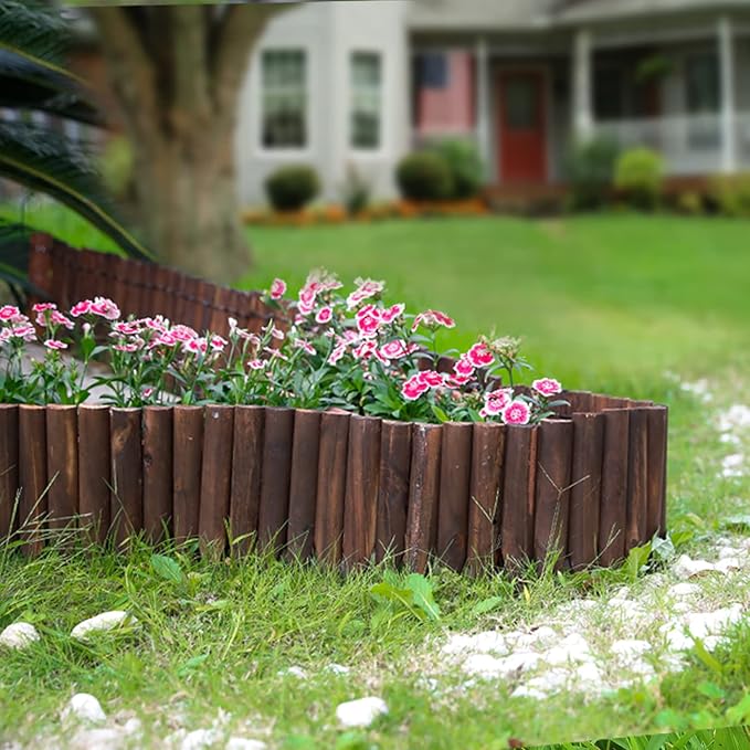Worth Garden Wooden Short Fence Burnt Wood Finish Outdoor Landscape Edging Flexible Decorative Border - Tree Fence - Spring Garden & Yard Maintenance - 7.9'' H x 42'' L - K619A05