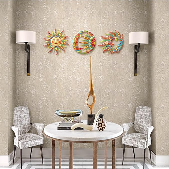 VividLadybug Metal Sun Moon Wall Art Decor,set of 3,Vivid Sun Moon Metal Wall Decor,Colorful Sun Face Sculptures, Indoor Outdoor Wall Decor Fence Garden Courtyard Decoration,wall art decor,hanging decor