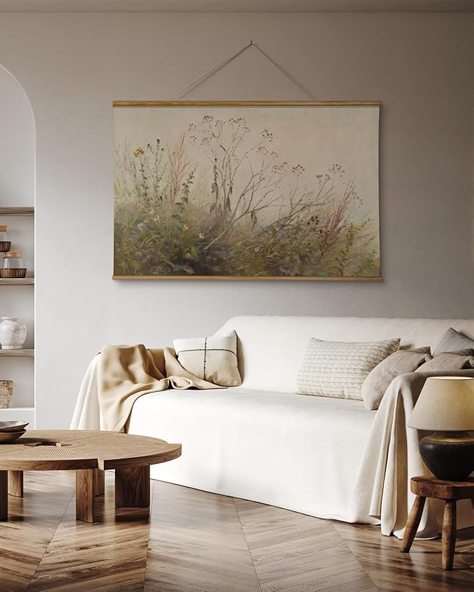 ARPEOTCY Extra Large Vintage Framed Wall Art, 36x54 Inch Farmhouse Retro Wildflower Field Botanical Landscape Hanging Wall Art, Rustic Canvas Home Decor Aesthetic for Living Room Bedroom Office