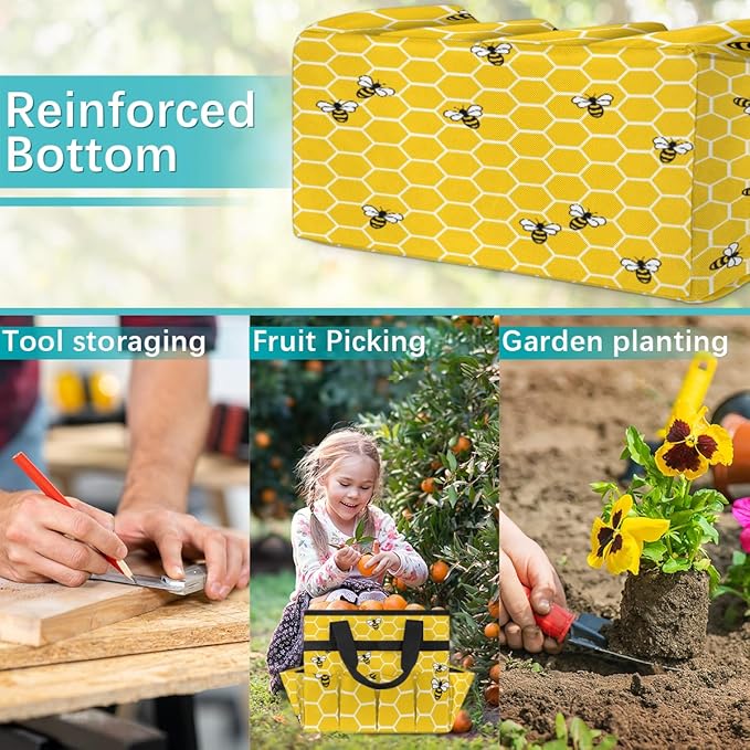 Garden Tote Bag with Pockets Honey Bees Gardening Bags for Tools Organizer Heavy Duty Storage Bag with Handle for Lawn Yard Casual