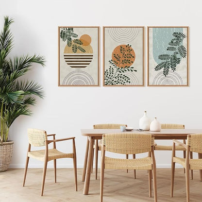 FWIEXA Framed Boho Canvas Wall Art Set, Sage Green Botanical Pictures Wall Decor, Abstract Plants Art Prints, Mid Century Modern Geometric Wall Painting, 3 Panel 16x24 Inches for Living Room, Bedroom, Office
