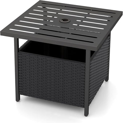 Giantex Outdoor Side Table with Umbrella Hole, 22" Wicker Umbrella Stand Holder and Base, Weather-Resistant PE Rattan Patio End Table for Deck Garden Poolside (Metal Tabletop, Black)