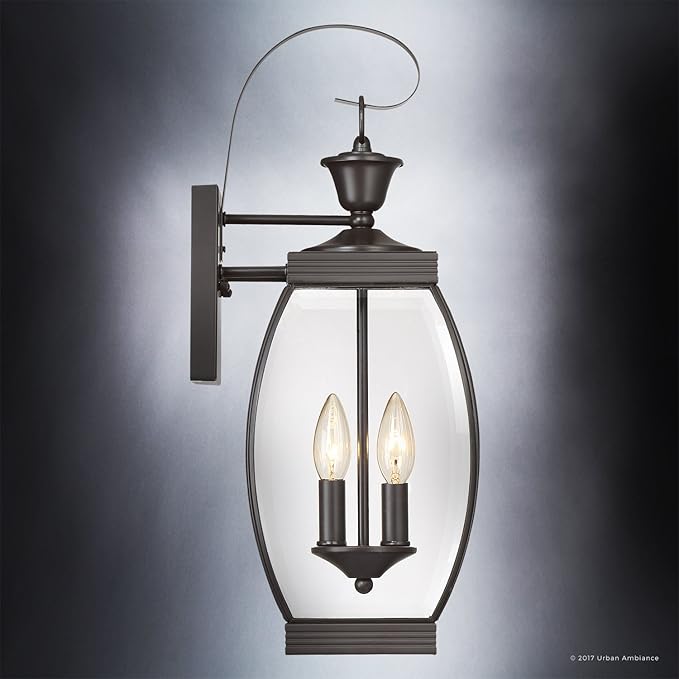 Urban Ambiance Luxury Colonial Outdoor Wall Light, Large Size: 21" H x 7.5" W, with Transitional Style Elements, Bowed Design, Gorgeous Dark Medieval Bronze Finish and Beveled Glass, UQL1171
