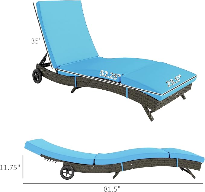 Outsunny Wicker Chaise Lounge Chair Outdoor with Wheels & Cushion, PE Rattan Patio Lounge Chair with 5-Level Adjustable Backrest for Poolside, Garden, Sky Blue