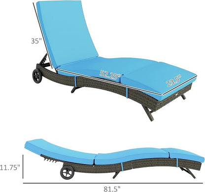 Outsunny Wicker Chaise Lounge Chair Outdoor with Wheels & Cushion, PE Rattan Patio Lounge Chair with 5-Level Adjustable Backrest for Poolside, Garden, Sky Blue