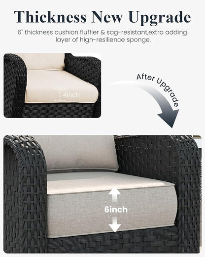 LayinSun 5 Piece Wicker Outdoor Furniture Set with 6-inch Comfy Cushions, High Back Patio Furniture Set with Swivel Rocking Chairs and Fire Pit Table