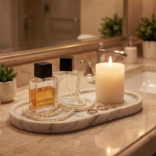 YKAJO Oval Real Marble Tray for Bathroom Kitchen Counter Stone Decorative Vanity Tray for Dresser Perfume Heavy Catchall Organizer for Soap Jewelry (Carrara White, 11.8" x 5.9")
