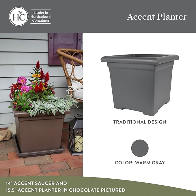 The HC Companies 12.5 Inch Accent Square Plant Pots with Drainage, Lightweight UV-Resistant Plastic Planters for Indoor & Outdoor Plants, 2-Pack Flower Pots for Garden, Office & Home Decor, Warm Gray