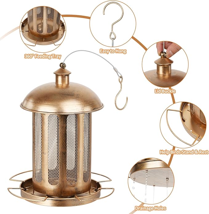 Bird Feeder, Large Capacity Bird Feeders for Outdoor Hanging, Heavy Duty Metal Wild Birdfeeder for Outside Garden Yard Decor, Retro Lantern Shape
