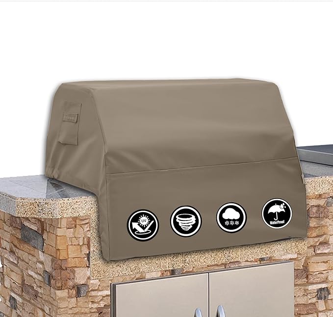 Covers & All Built-in Grill Cover for Outdoor Grill – Heavy Duty 12 oz Waterproof Built-in BBQ Grill Cover, PVC-Coated Polyester with Elastic Hem for Snug Fit (32.7 x 26 x 11.8 inches, Beige)