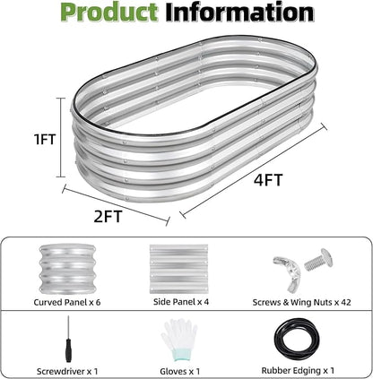 G GOOD GAIN Galvanized Metal Raised Garden Bed Kit - 4x2x1FT Outdoor Planter Box with Safety Edging and Gloves for Vegetables, Fruits, Flowers(Silver, 2PC)